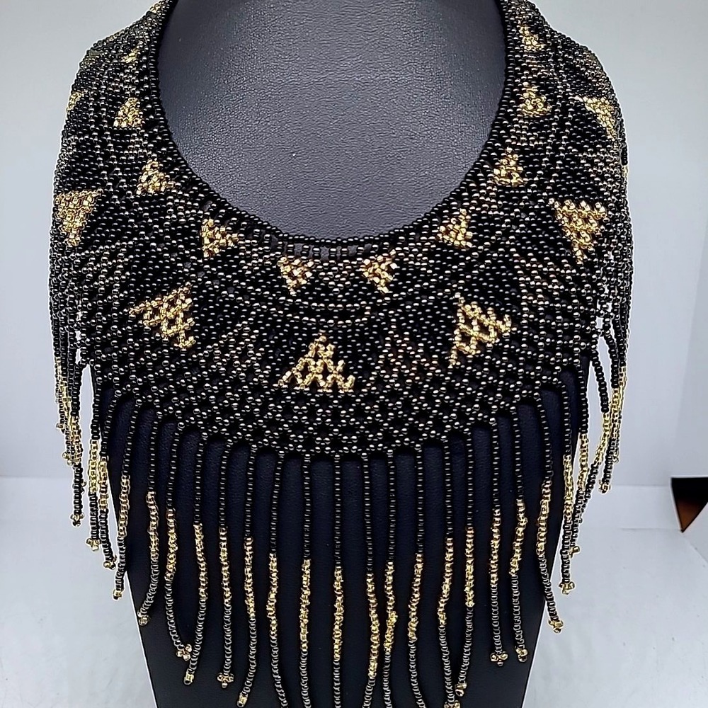 Princess Amanda Collection Necklace Woman Black Gold Beaded Fringe Statement Bib